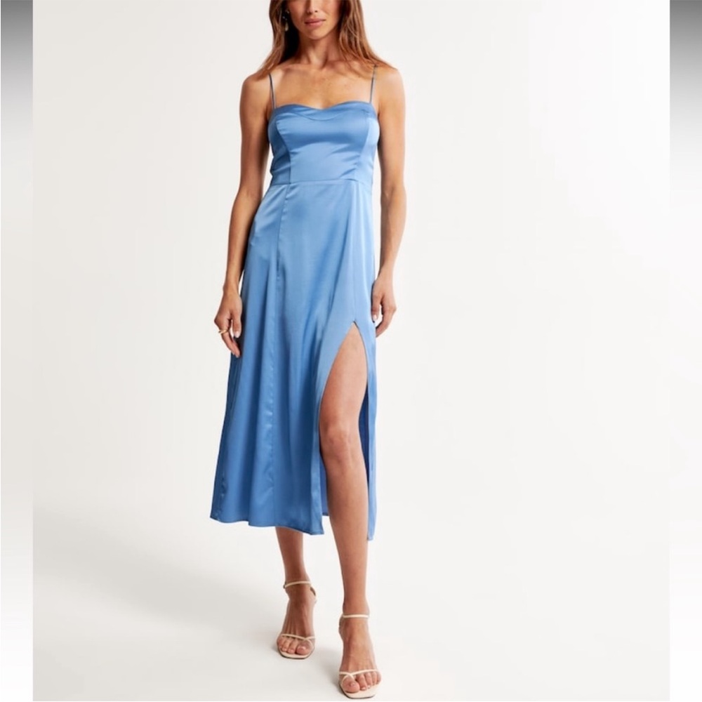 Abercrombie & Fitch Light Blue Satin Camille Midi Dress with Side Slit